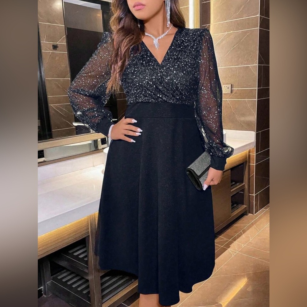 Plus Contrast Mesh Lantern Sleeve Navy Blue Dress